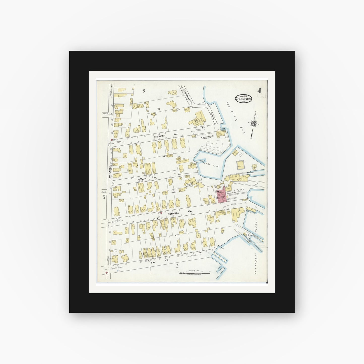 Old map wall art mockup — black gallery frame with white mat — Sanborn Fire Insurance Map from Greenport, Suffolk County, New York (1917), Sheet #0004