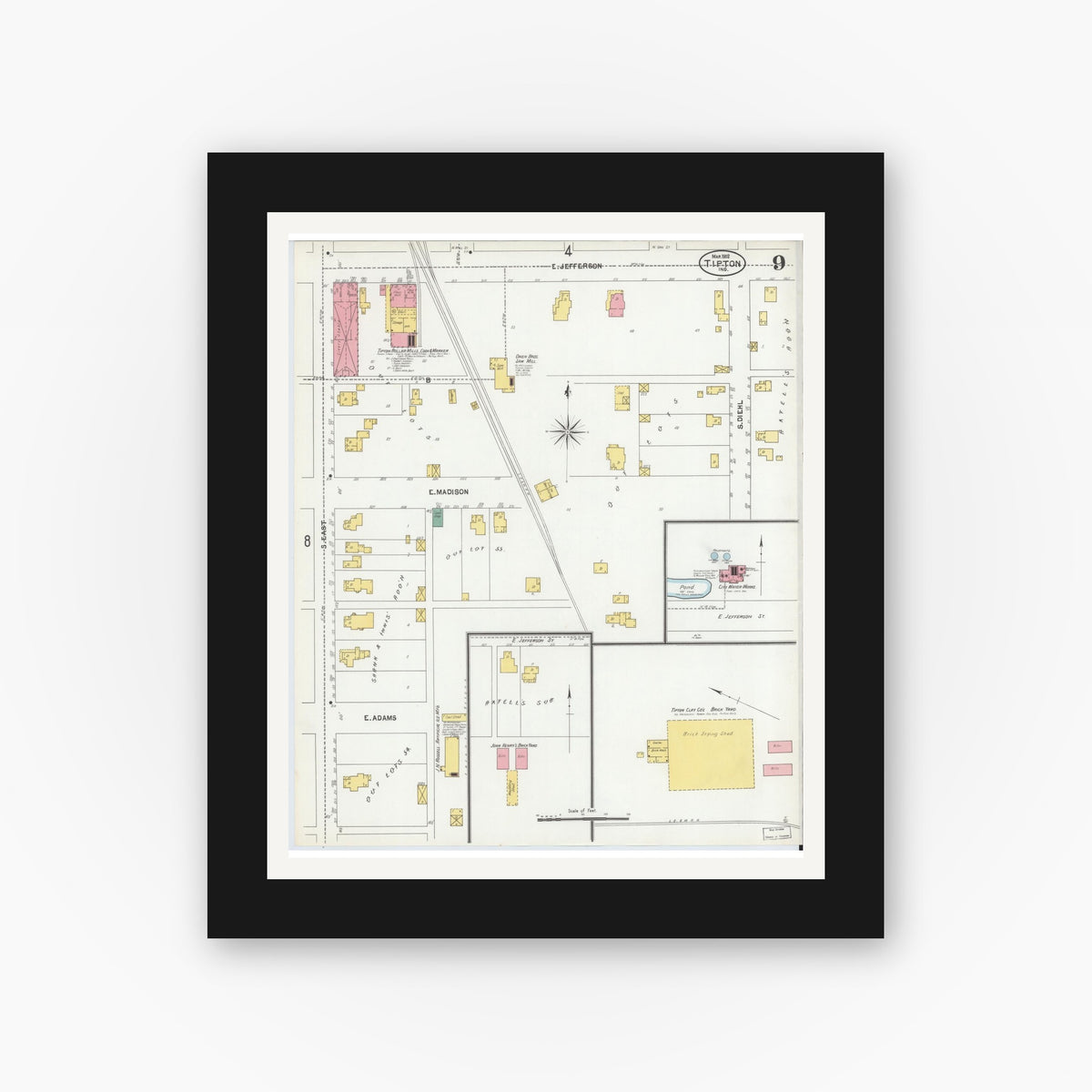 Old map wall art mockup — black gallery frame with white mat — Sanborn Fire Insurance Map from Tipton, Tipton County, Indiana (1902), Sheet #0009