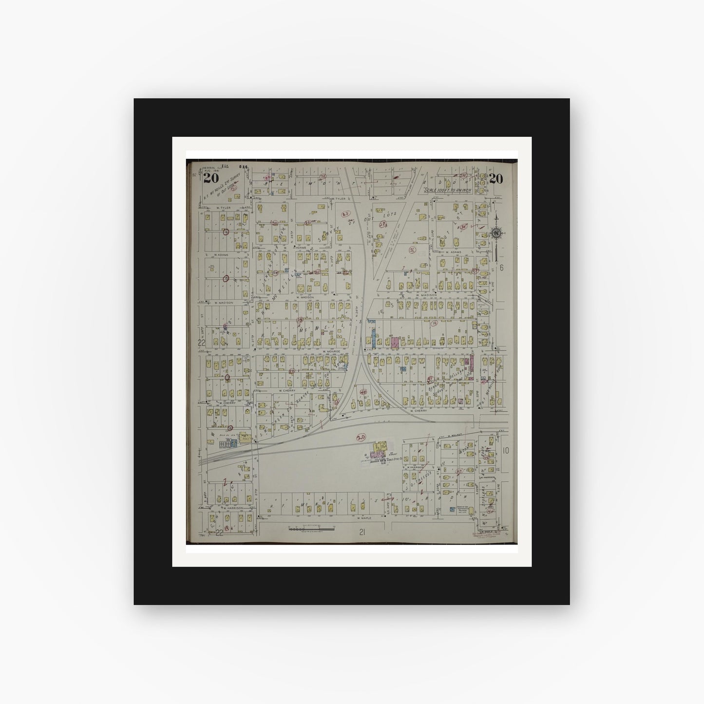 Old map wall art mockup — black gallery frame with white mat — Sanborn Fire Insurance Map from Herrin, Williamson County, Illinois (1947), Sheet #0020