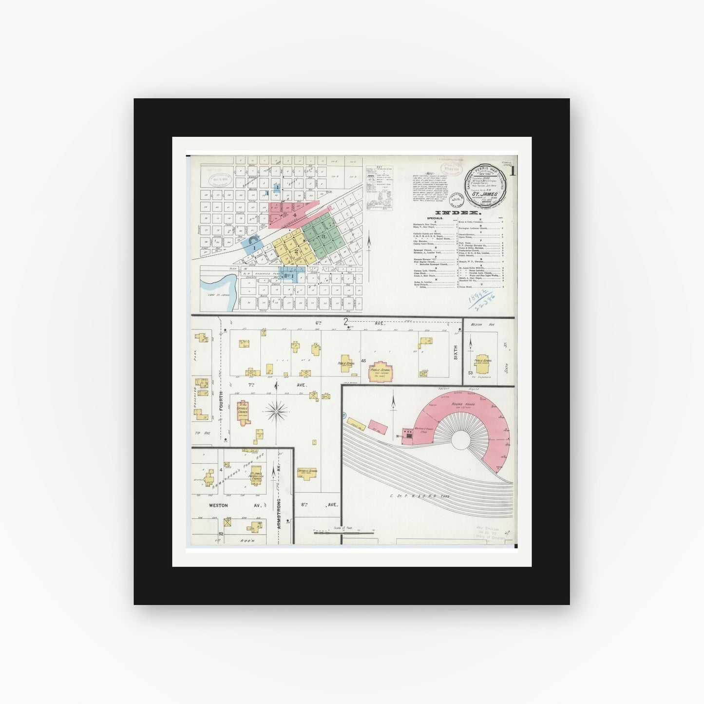 Old map wall art mockup — black gallery frame with white mat — Sanborn Fire Insurance Map from Saint James, Watonwan County, Minnesota (1899) - Complete Map Set