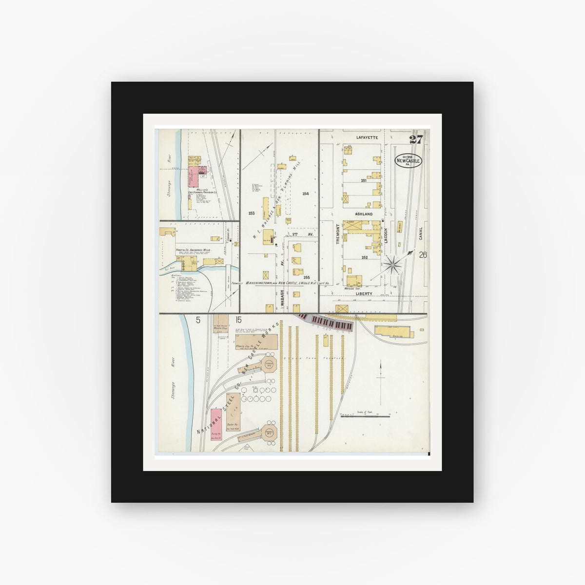 Old map wall art mockup — black gallery frame with white mat — Sanborn Fire Insurance Map from New Castle, Lawrence County, Pennsylvania (1899), Sheet #0027