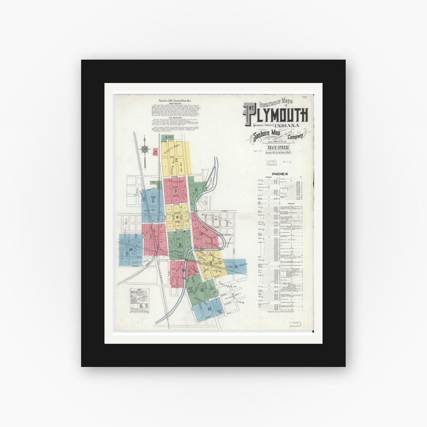 Old map wall art mockup — black gallery frame with white mat — Sanborn Fire Insurance Map from Plymouth, Marhshall County, Indiana (1910), Sheet #0001