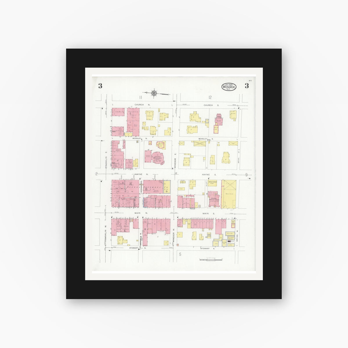 Old map wall art mockup — black gallery frame with white mat — Sanborn Fire Insurance Map from Monroe, Union County, North Carolina (1930), Sheet #0003