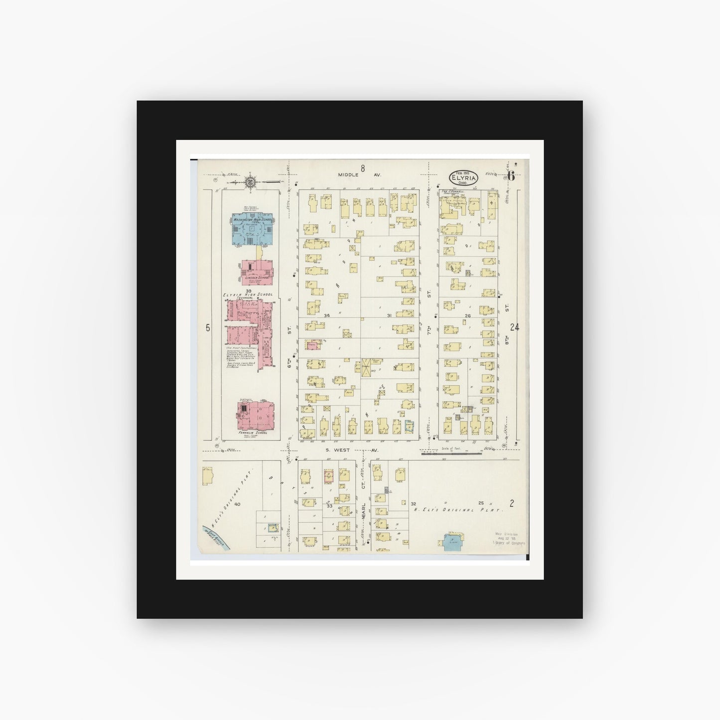 Old map wall art mockup — black gallery frame with white mat — Sanborn Fire Insurance Map from Elyria, Lorain County, Ohio (1915), Sheet #0006