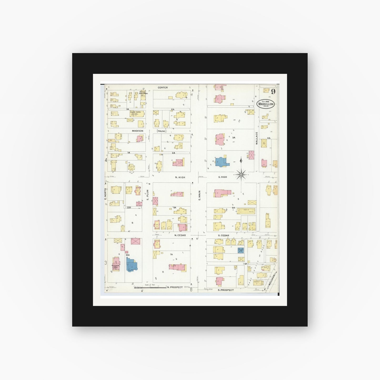 Old map wall art mockup — black gallery frame with white mat — Sanborn Fire Insurance Map from Massillon, Stark County, Ohio (1908), Sheet #0009