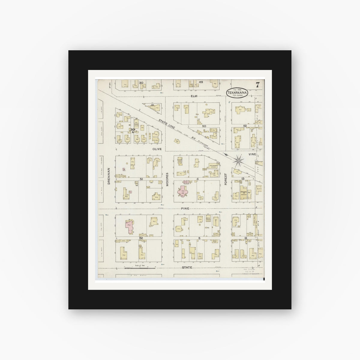 Old map wall art mockup — black gallery frame with white mat — Sanborn Fire Insurance Map from Texarkana, Bowie County, Texas (1888), Sheet #0007