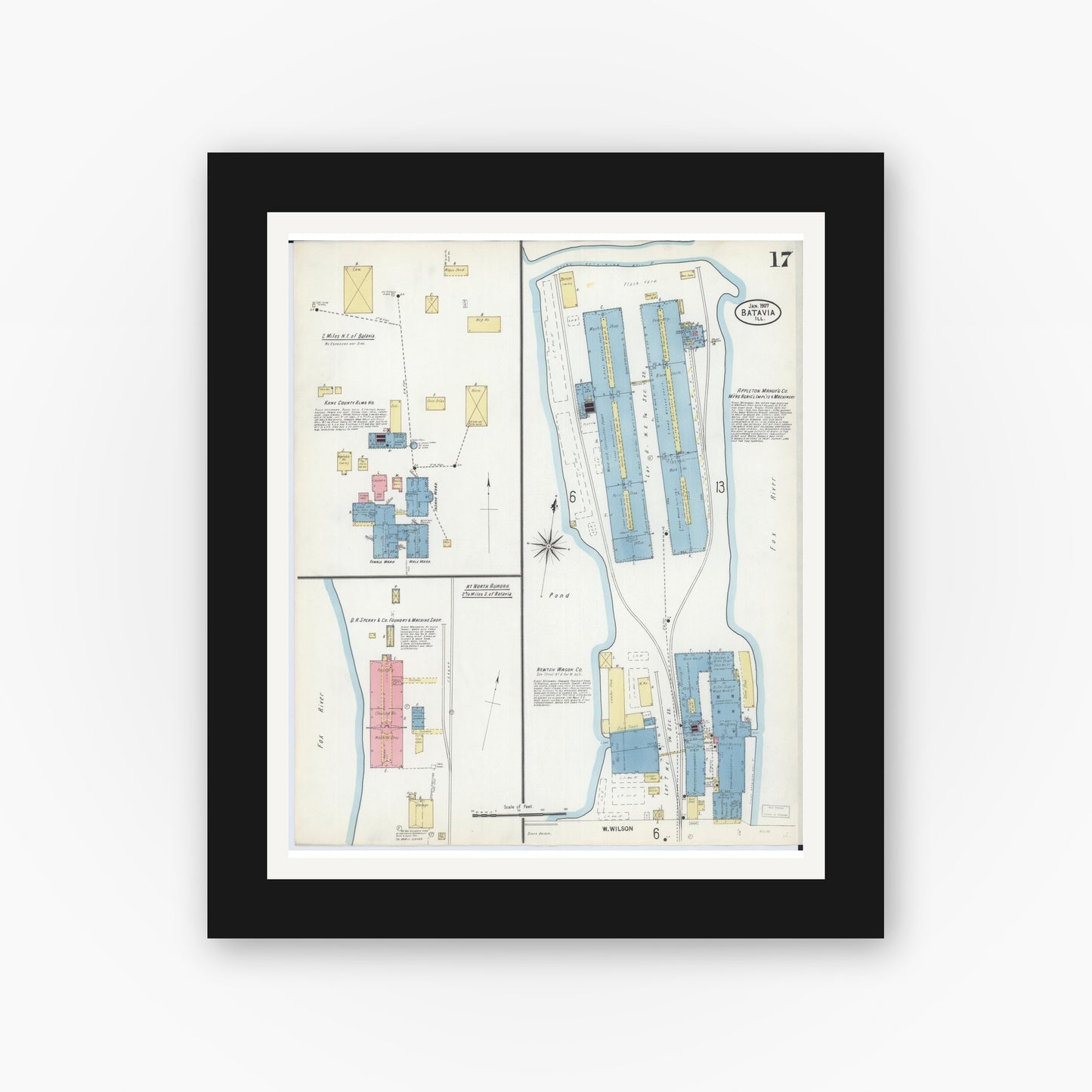 Old map wall art mockup — black gallery frame with white mat — Sanborn Fire Insurance Map from Batavia, Kane County, Illinois (1907), Sheet #0017