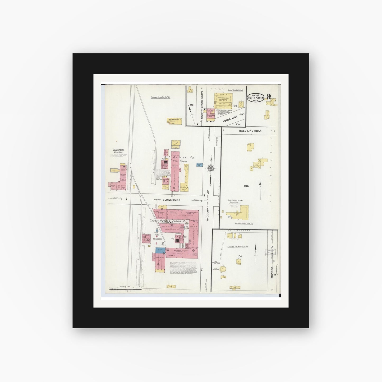 Old map wall art mockup — black gallery frame with white mat — Sanborn Fire Insurance Map from South Haven, Van Buren County, Michigan (1916), Sheet #0009