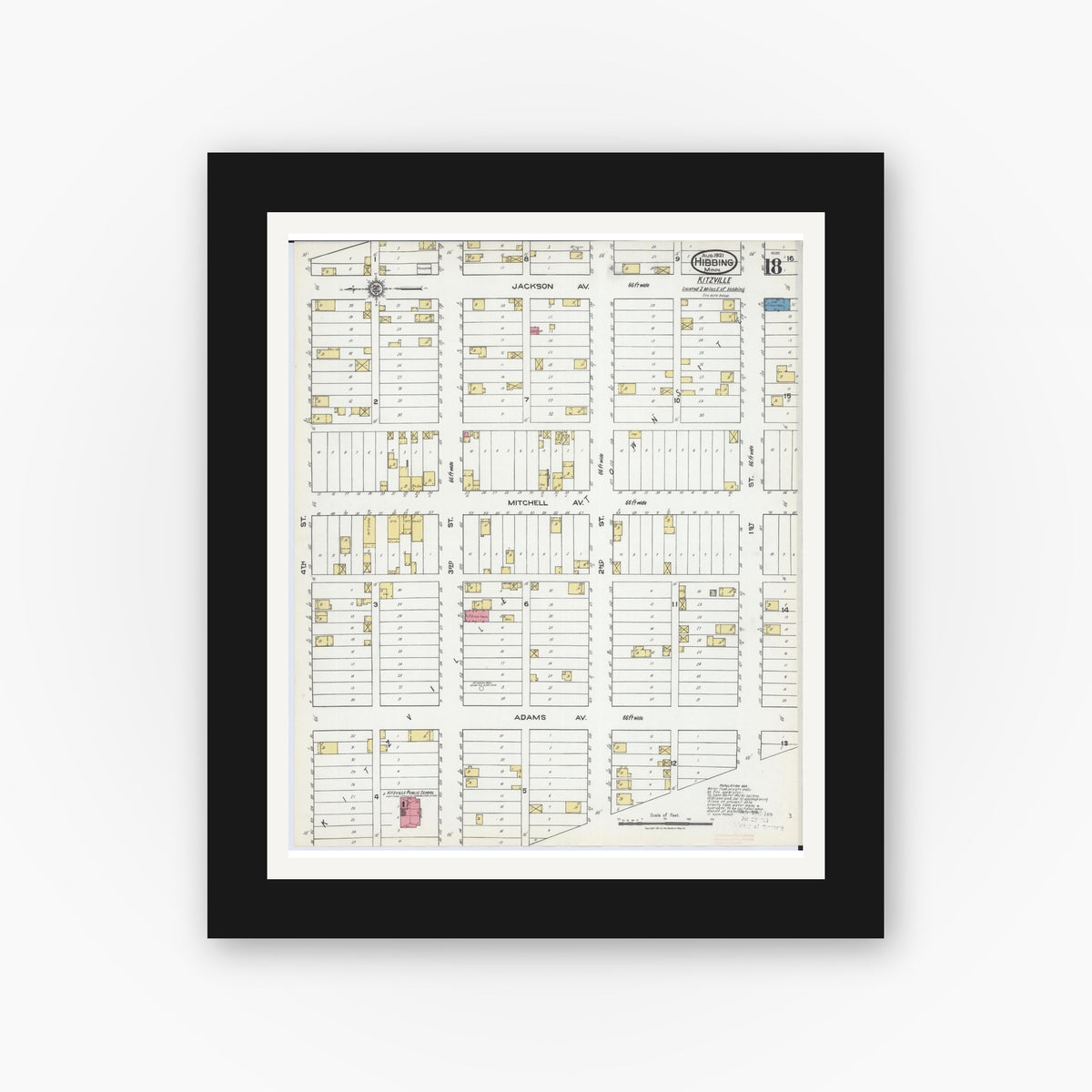 Old map wall art mockup — black gallery frame with white mat — Sanborn Fire Insurance Map from Hibbing, Saint Louis County, Minnesota (1921), Sheet #0018
