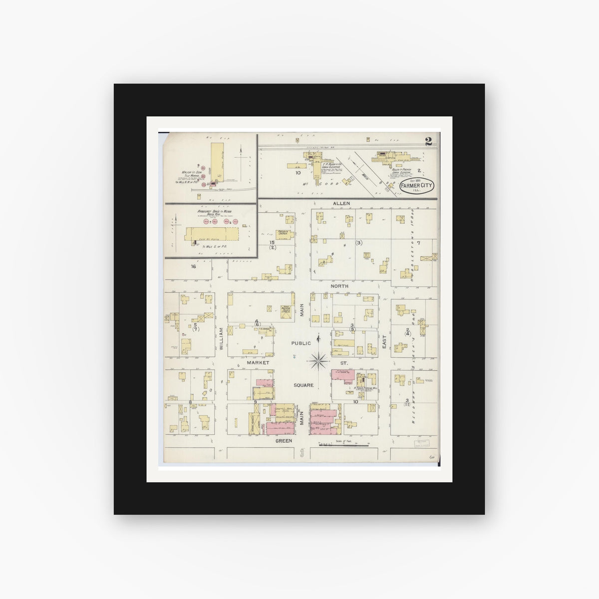 Old map wall art mockup — black gallery frame with white mat — Sanborn Fire Insurance Map from Farmer City, De Witt County, Illinois (1893), Sheet #0002