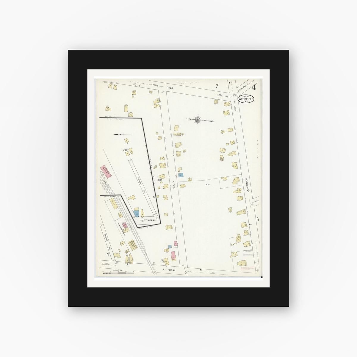 Old map wall art mockup — black gallery frame with white mat — Sanborn Fire Insurance Map from Westfield, Chautauqua County, New York (1912), Sheet #0004