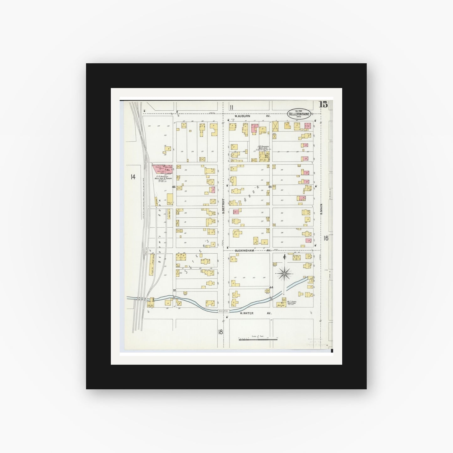 Old map wall art mockup — black gallery frame with white mat — Sanborn Fire Insurance Map from Bellefontaine, Logan County, Ohio (1901), Sheet #0015