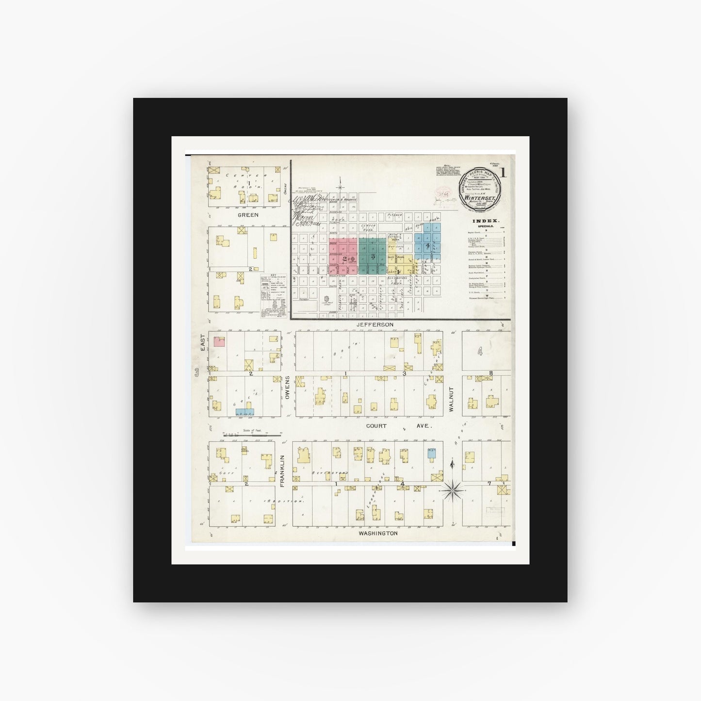 Old map wall art mockup — black gallery frame with white mat — Sanborn Fire Insurance Map from Winterset, Madison County, Iowa (1893), Sheet #0001