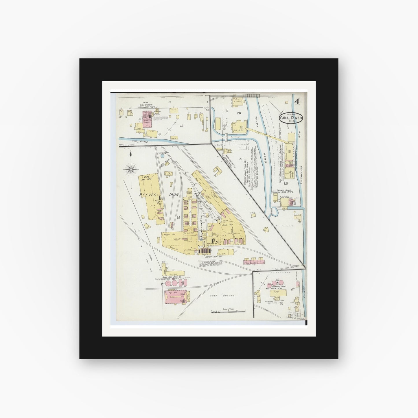 Old map wall art mockup — black gallery frame with white mat — Sanborn Fire Insurance Map from Canal Dover, Tuscarawas County, Ohio (1893), Sheet #0004