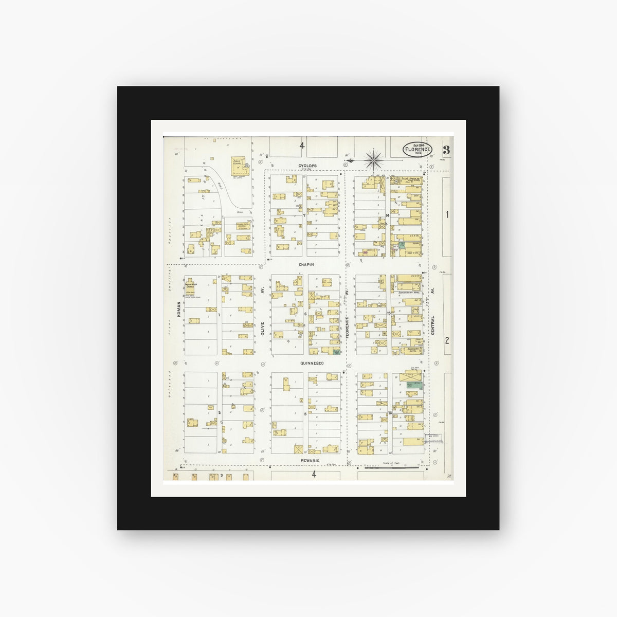 Old map wall art mockup — black gallery frame with white mat — Sanborn Fire Insurance Map from Florence, Florence County, Wisconsin (1904), Sheet #0003
