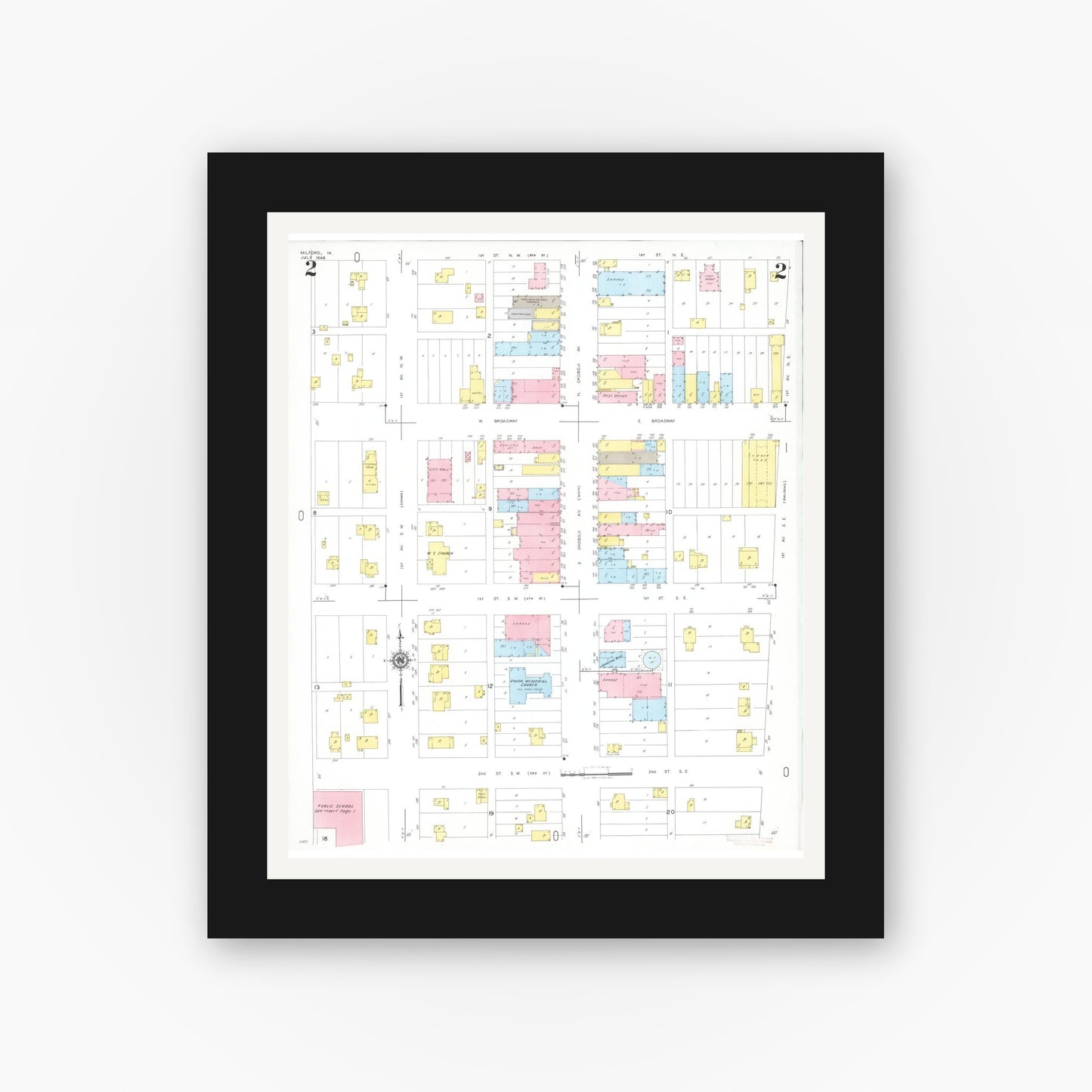 Old map wall art mockup β black gallery frame with white mat β Sanborn Fire Insurance Map from Milford, Dickinson County, Iowa (1949), Sheet #0002