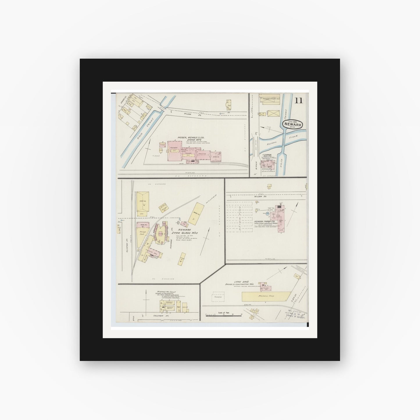 Old map wall art mockup — black gallery frame with white mat — Sanborn Fire Insurance Map from Newark, Licking County, Ohio (1889), Sheet #0011