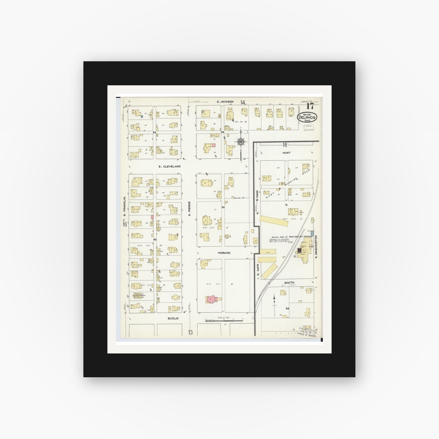 Old map wall art mockup — black gallery frame with white mat — Sanborn Fire Insurance Map from Delphos, Van Wert And Allen Counties, Ohio (1911), Sheet #0017