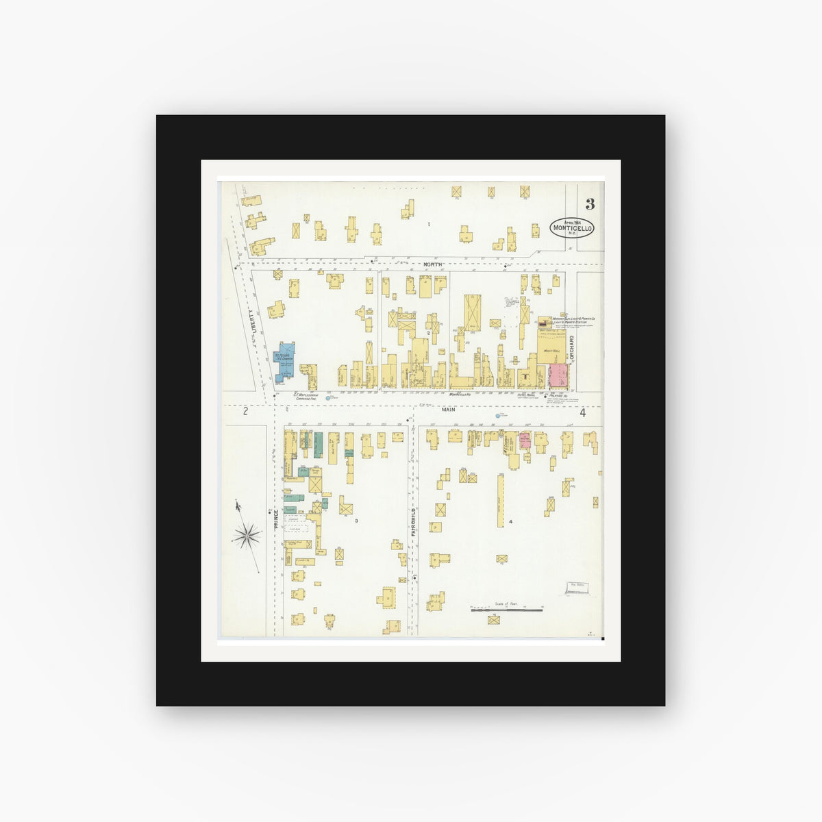 Old map wall art mockup — black gallery frame with white mat — Sanborn Fire Insurance Map from Monticello, Sullivan County, New York (1904), Sheet #0003