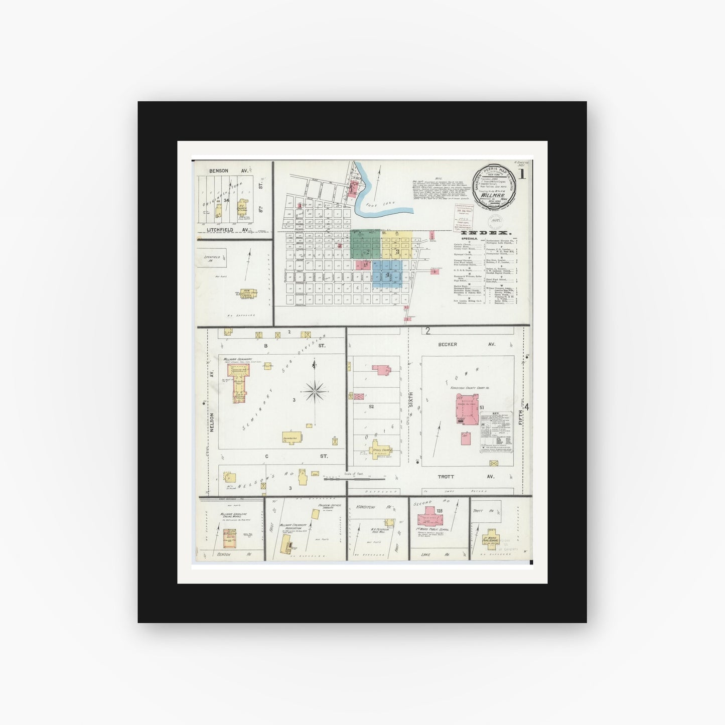 Old map wall art mockup — black gallery frame with white mat — Sanborn Fire Insurance Map from Willmar, Kandiyohi County, Minnesota (1899) - Complete Map Set