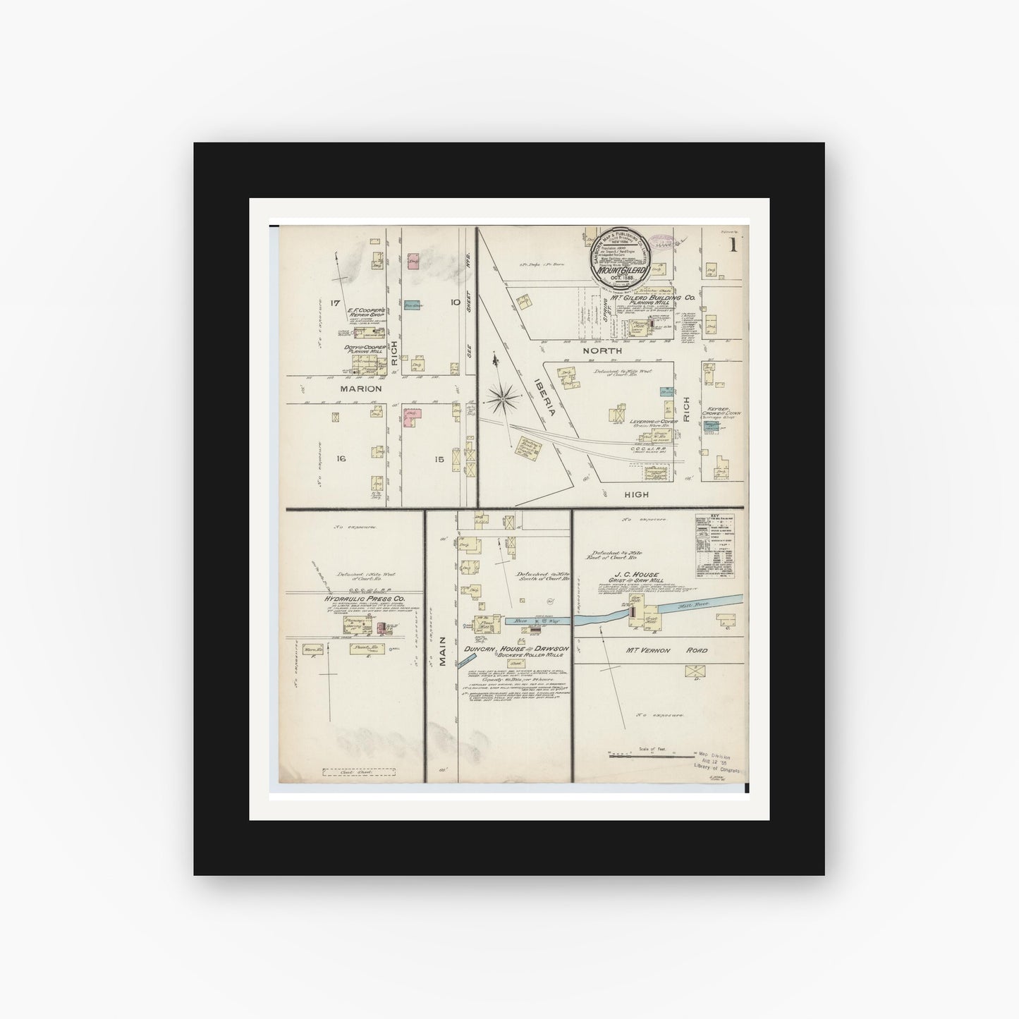 Old map wall art mockup — black gallery frame with white mat — Sanborn Fire Insurance Map from Mount Gilead, Morrow County, Ohio (1885) - Complete Map Set