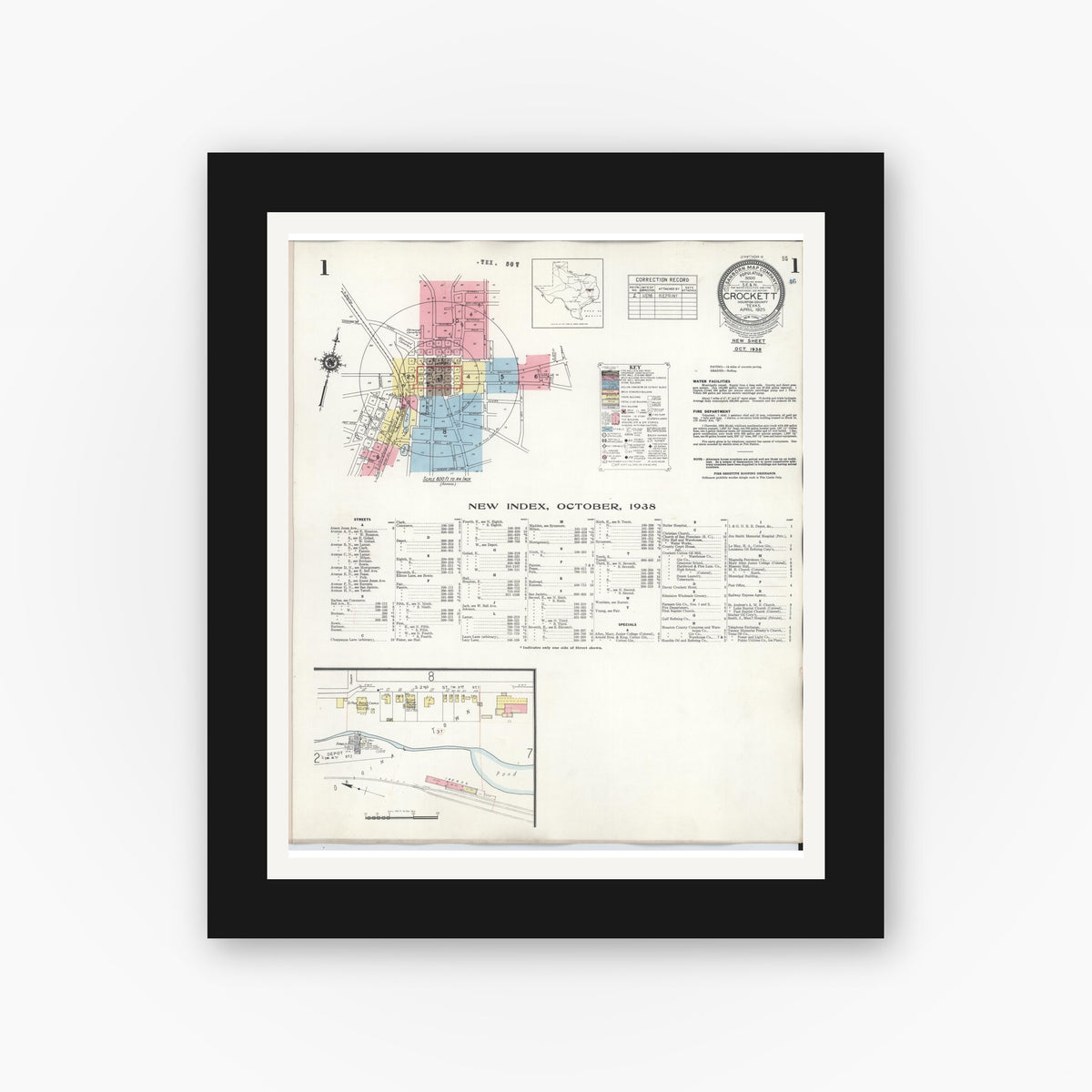 Old map wall art mockup — black gallery frame with white mat — Sanborn Fire Insurance Map from Cotulla, La Salle County, Texas (1948), Sheet #0005