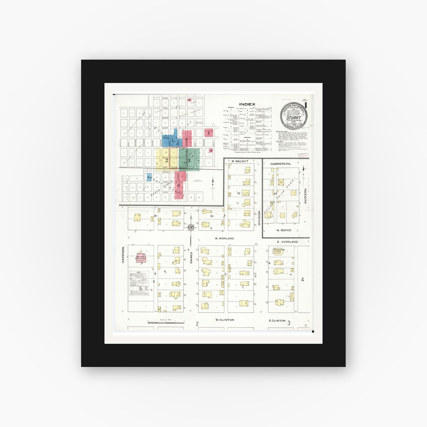 Old map wall art mockup — black gallery frame with white mat — Sanborn Fire Insurance Map from Stuart, Guthrie and Adair Counties, Iowa (1909), Sheet #0001