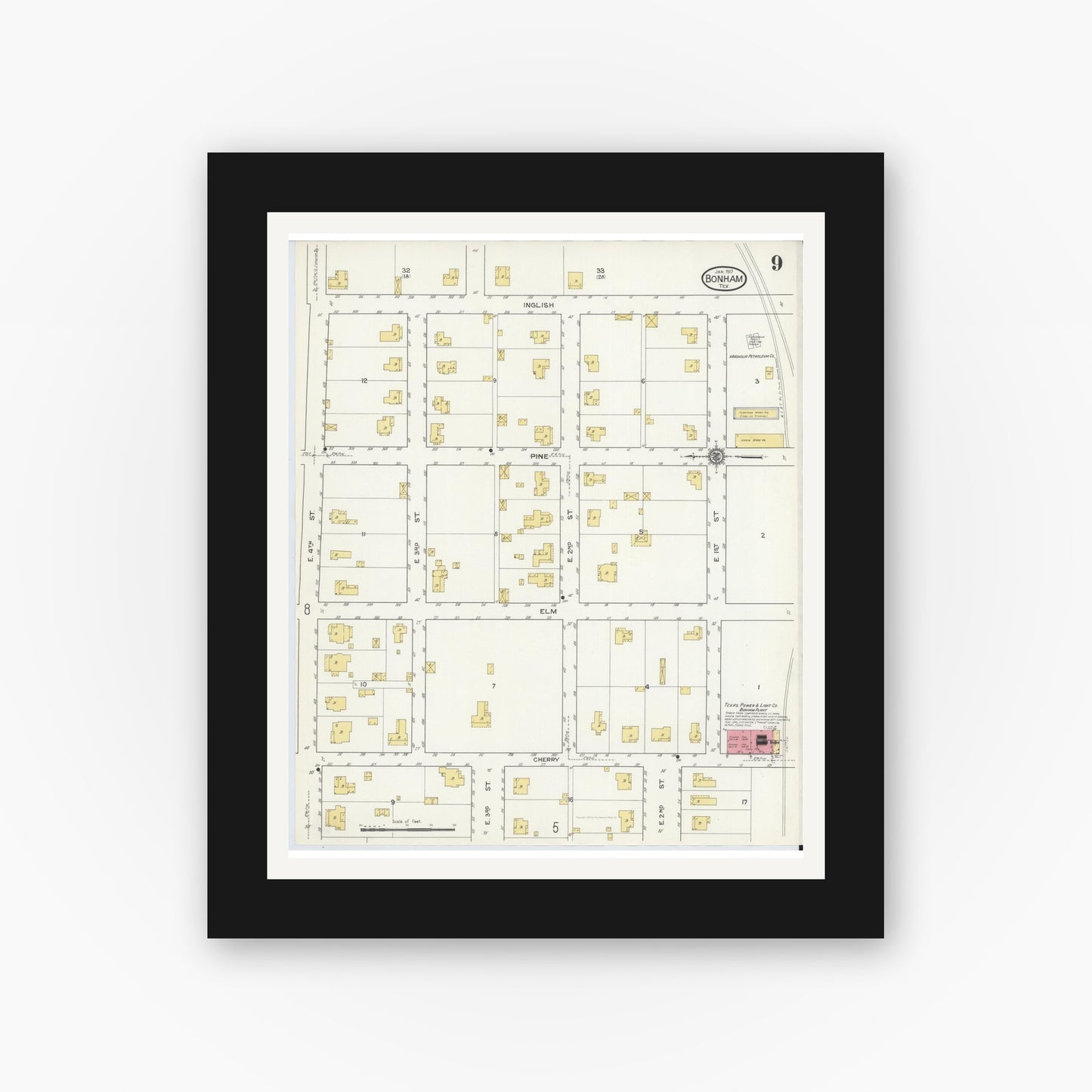 Old map wall art mockup — black gallery frame with white mat — Sanborn Fire Insurance Map from Bonham, Fannin County, Texas (1917), Sheet #0009