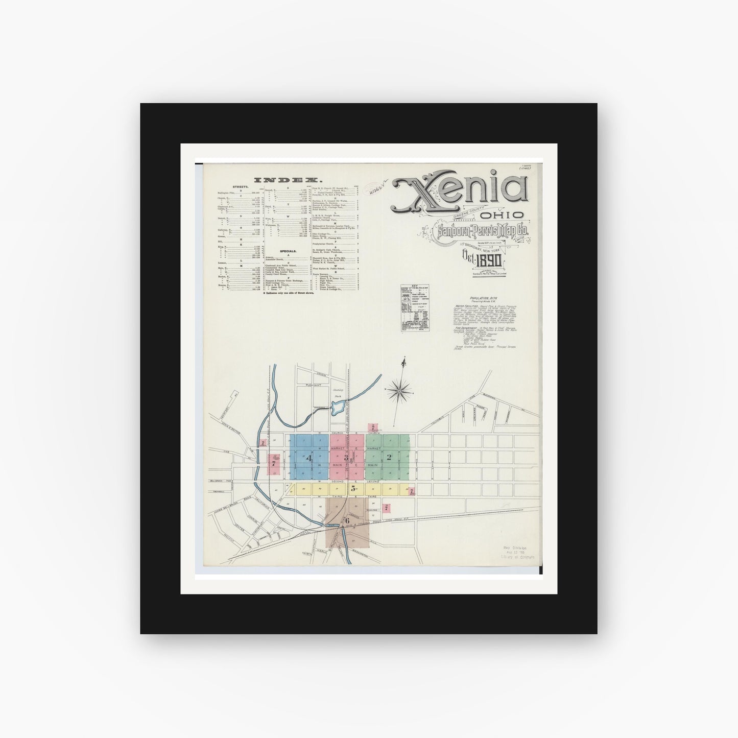 Old map wall art mockup — black gallery frame with white mat — Sanborn Fire Insurance Map from Xenia, Greene County, Ohio (1890), Sheet #0001
