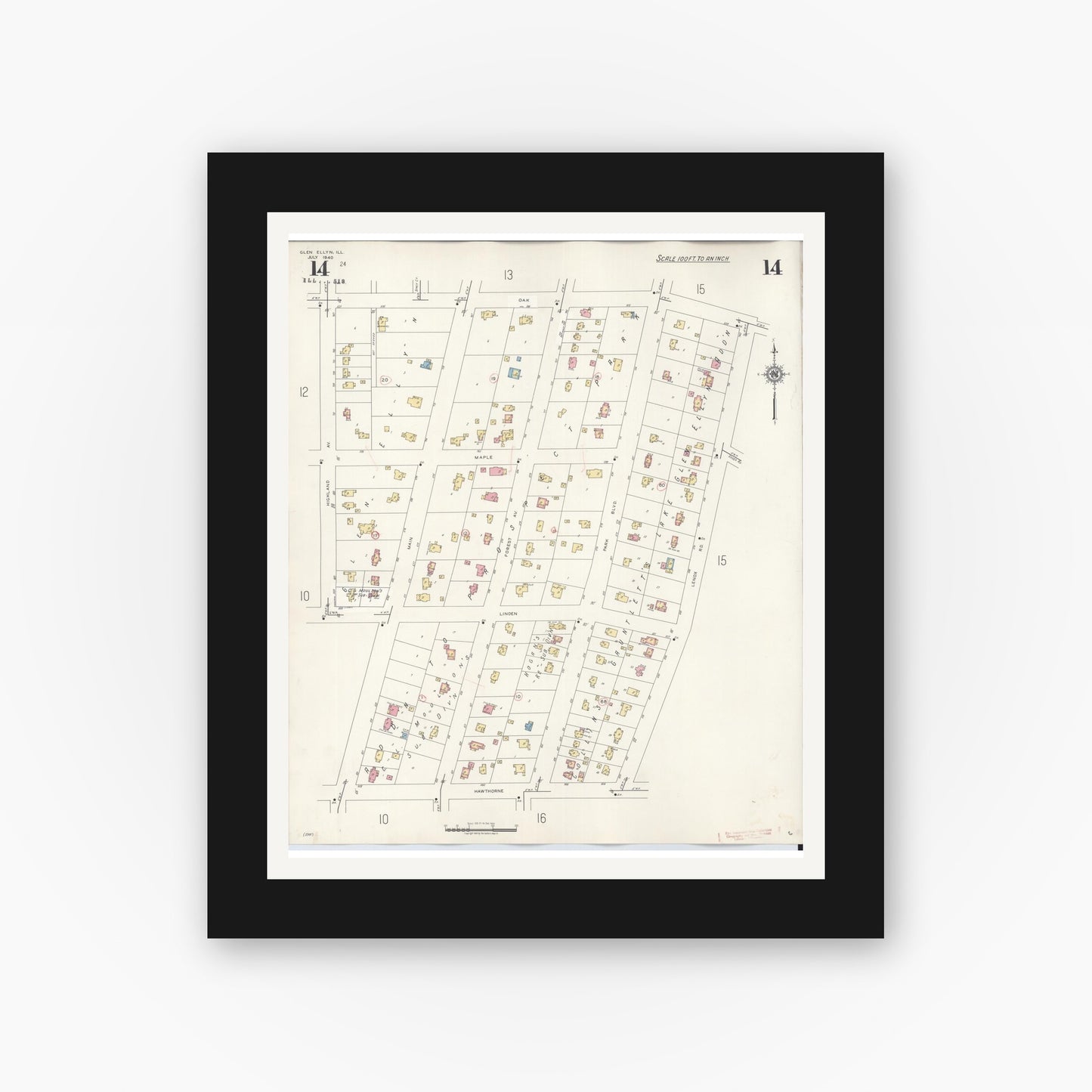 Old map wall art mockup — black gallery frame with white mat — Sanborn Fire Insurance Map from Glen Ellyn, Du Page County, Illinois (1946), Sheet #0014