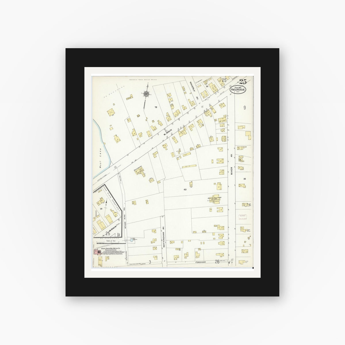 Old map wall art mockup — black gallery frame with white mat — Sanborn Fire Insurance Map from Patchogue, Suffolk County, New York (1910), Sheet #0025