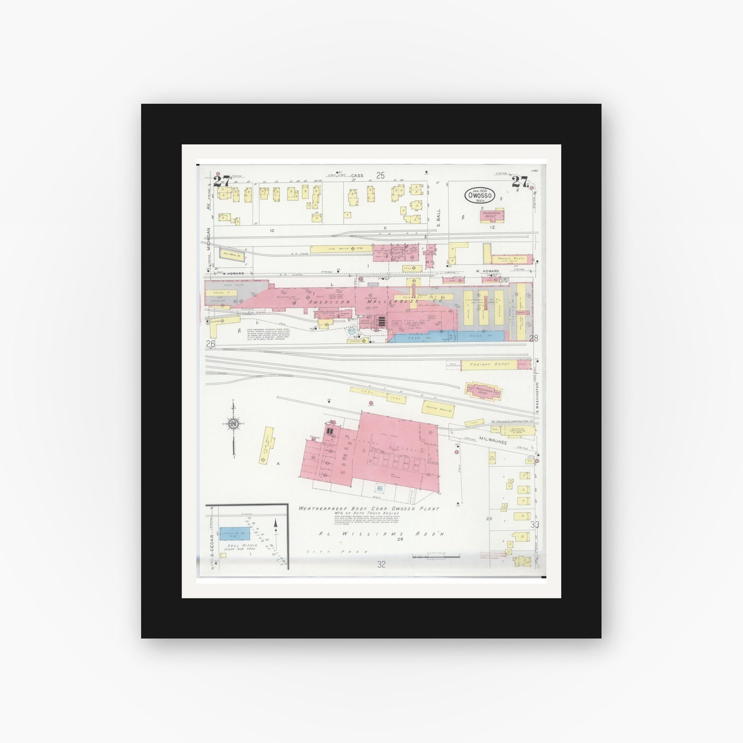Old map wall art mockup — black gallery frame with white mat — Sanborn Fire Insurance Map from Owosso, Shiawassee County, Michigan (1930), Sheet #0027