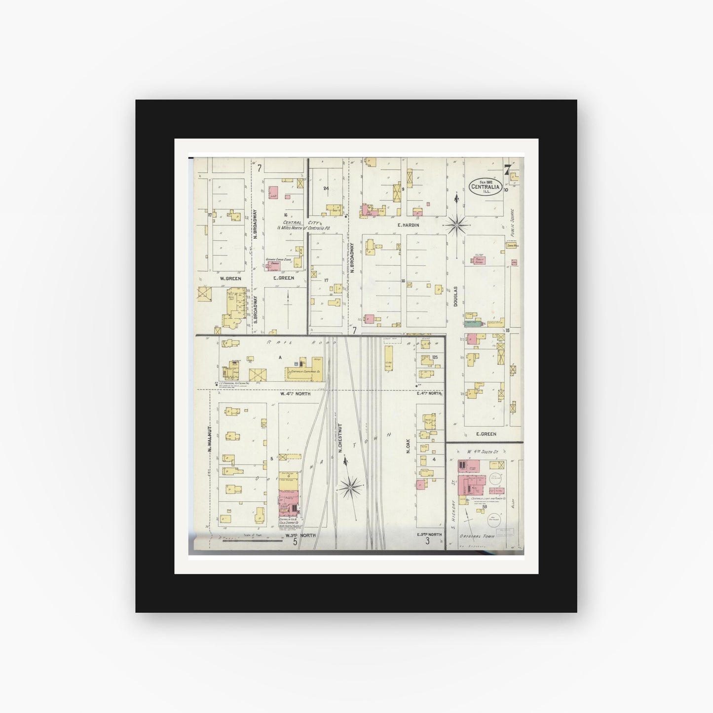 Old map wall art mockup — black gallery frame with white mat — Sanborn Fire Insurance Map from Centralia, Marion, Clinton, Jefferson, and Washington Counties, Illinois (1902), Sheet #0007