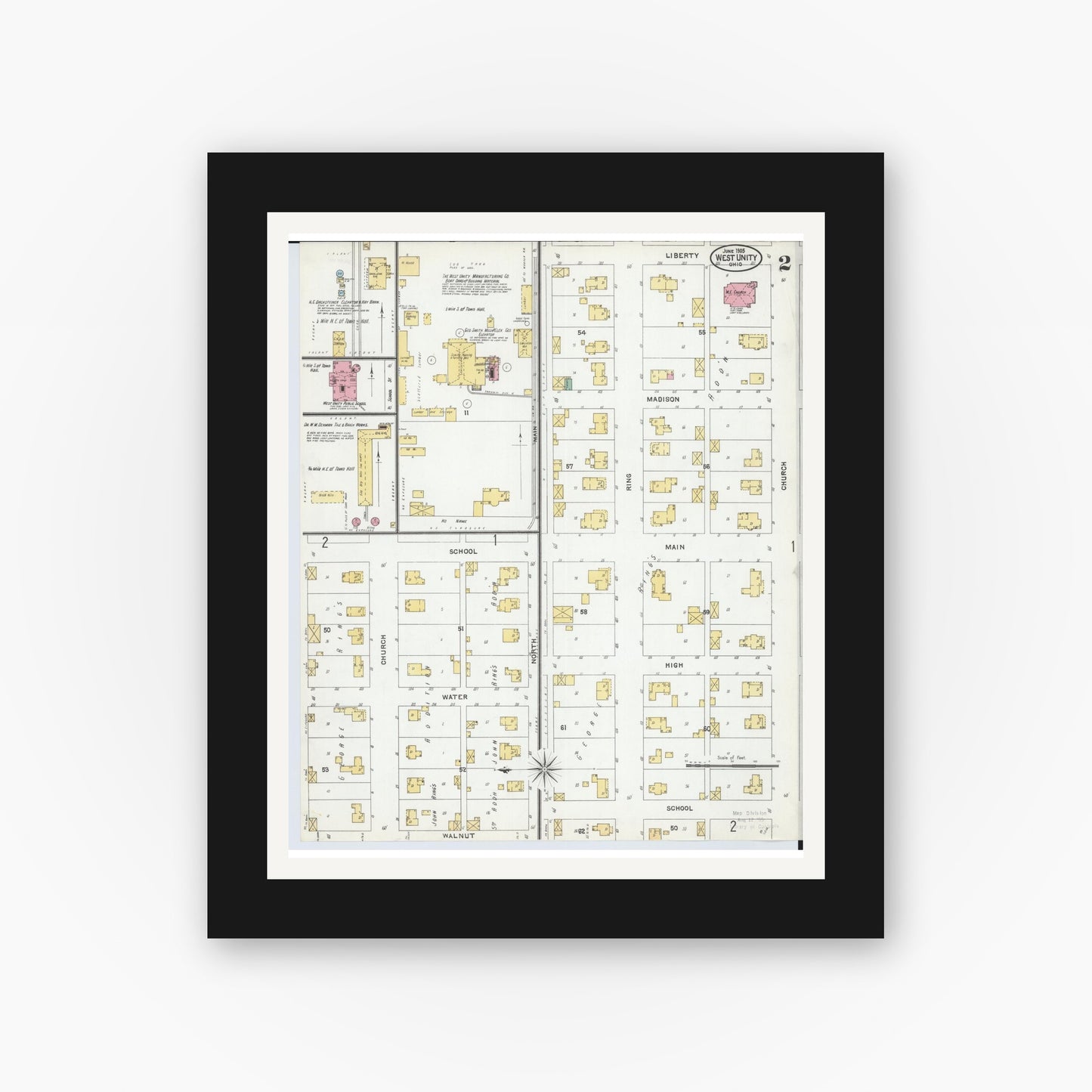 Old map wall art mockup — black gallery frame with white mat — Sanborn Fire Insurance Map from West Unity, Williams County, Ohio (1905), Sheet #0002