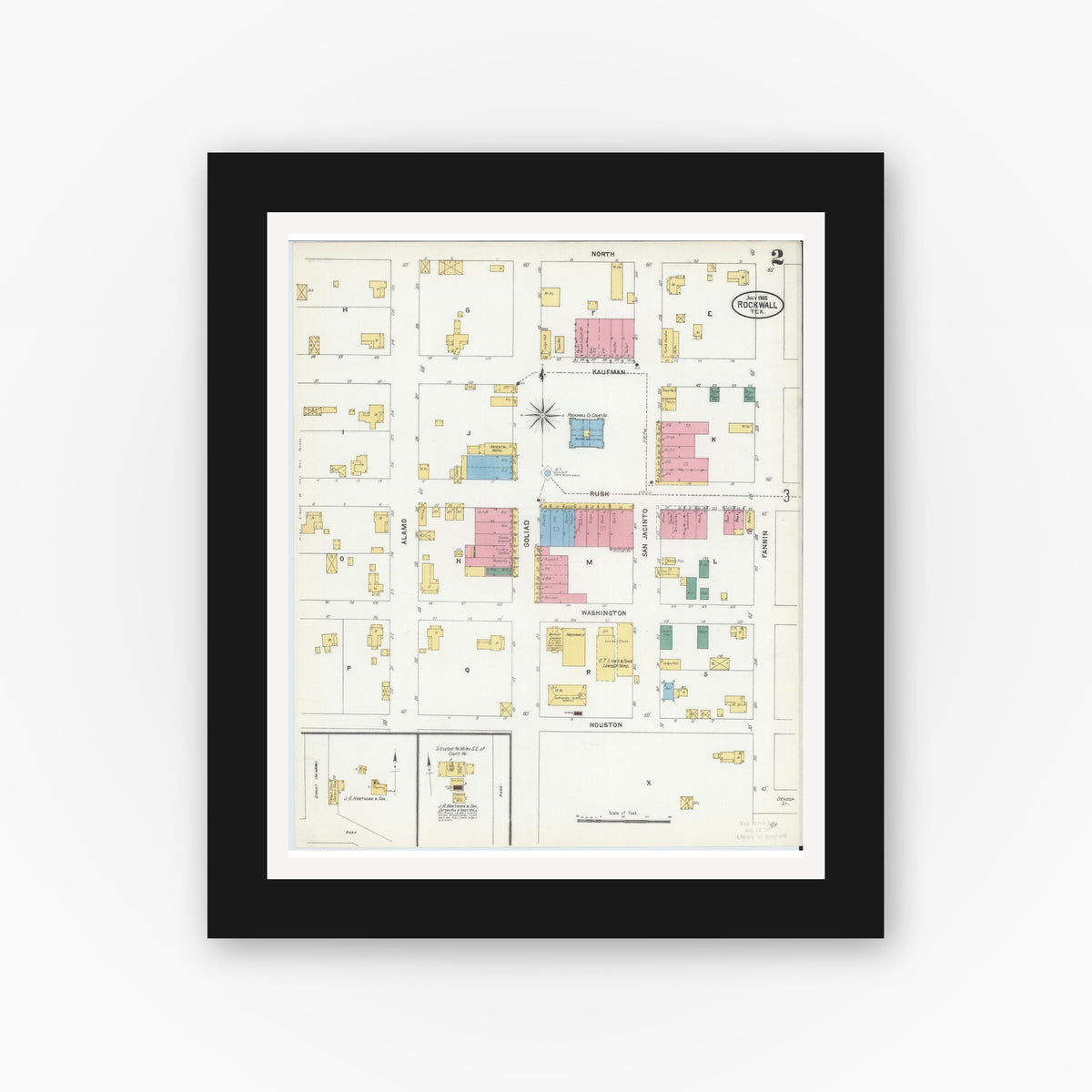 Old map wall art mockup — black gallery frame with white mat — Sanborn Fire Insurance Map from Rockwall, Rockwall County, Texas (1905), Sheet #0002