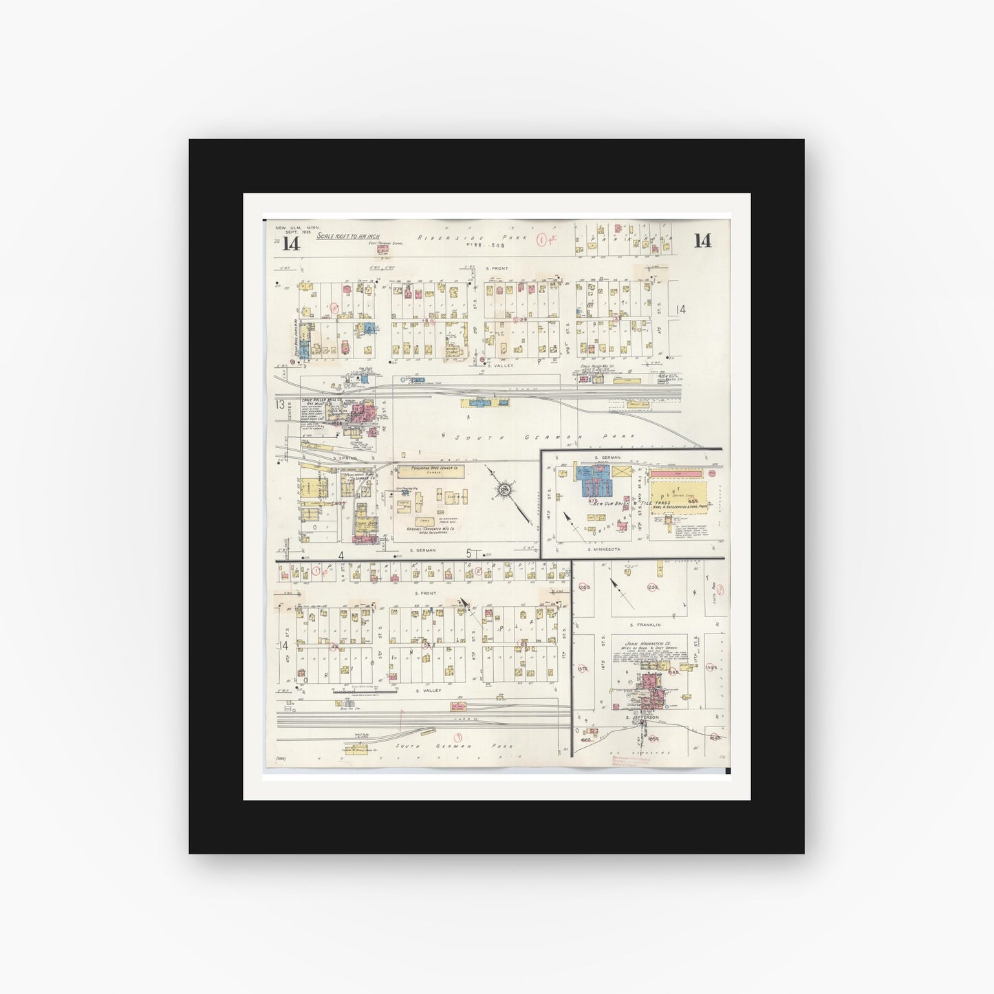 Old map wall art mockup — black gallery frame with white mat — Sanborn Fire Insurance Map from New Ulm, Brown County, Minnesota (1946), Sheet #0014