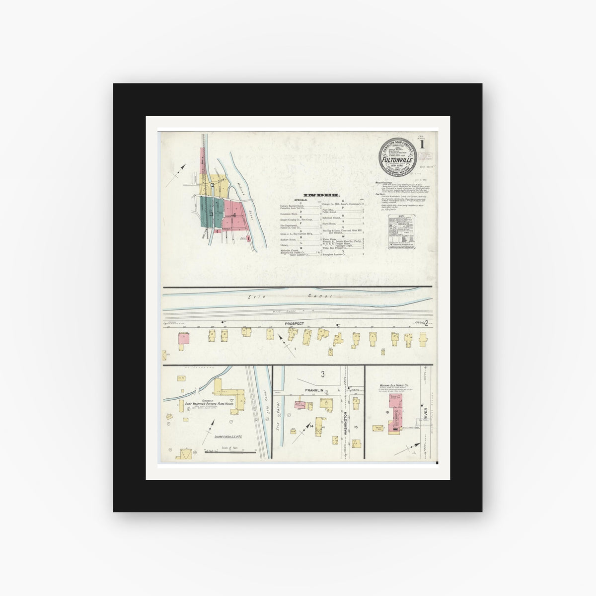 Old map wall art mockup — black gallery frame with white mat — Sanborn Fire Insurance Map from Fultonville, Montgomery County, New York (1912) - Complete Map Set