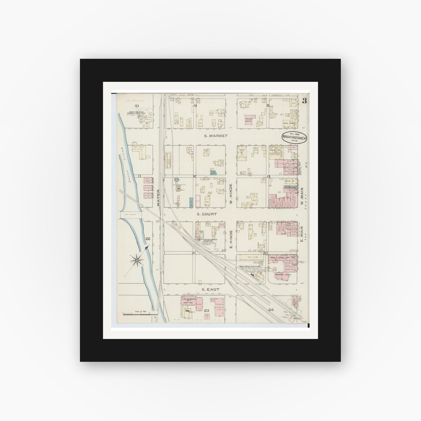 Old map wall art mockup — black gallery frame with white mat — Sanborn Fire Insurance Map from Washington Court House, Fayette County, Ohio (1886), Sheet #0003
