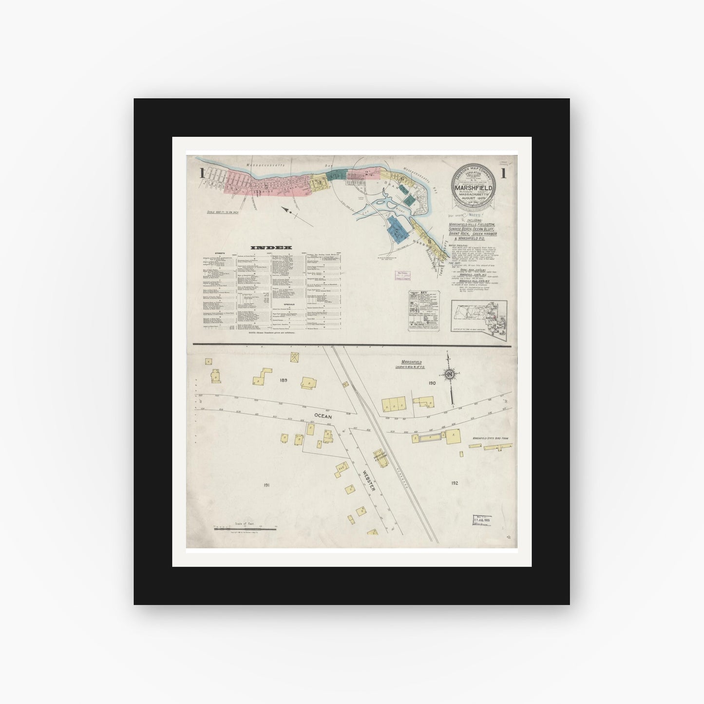 Old map wall art mockup — black gallery frame with white mat — Sanborn Fire Insurance Map from Marshfield, Plymouth County, Massachusetts (1925) - Complete Map Set