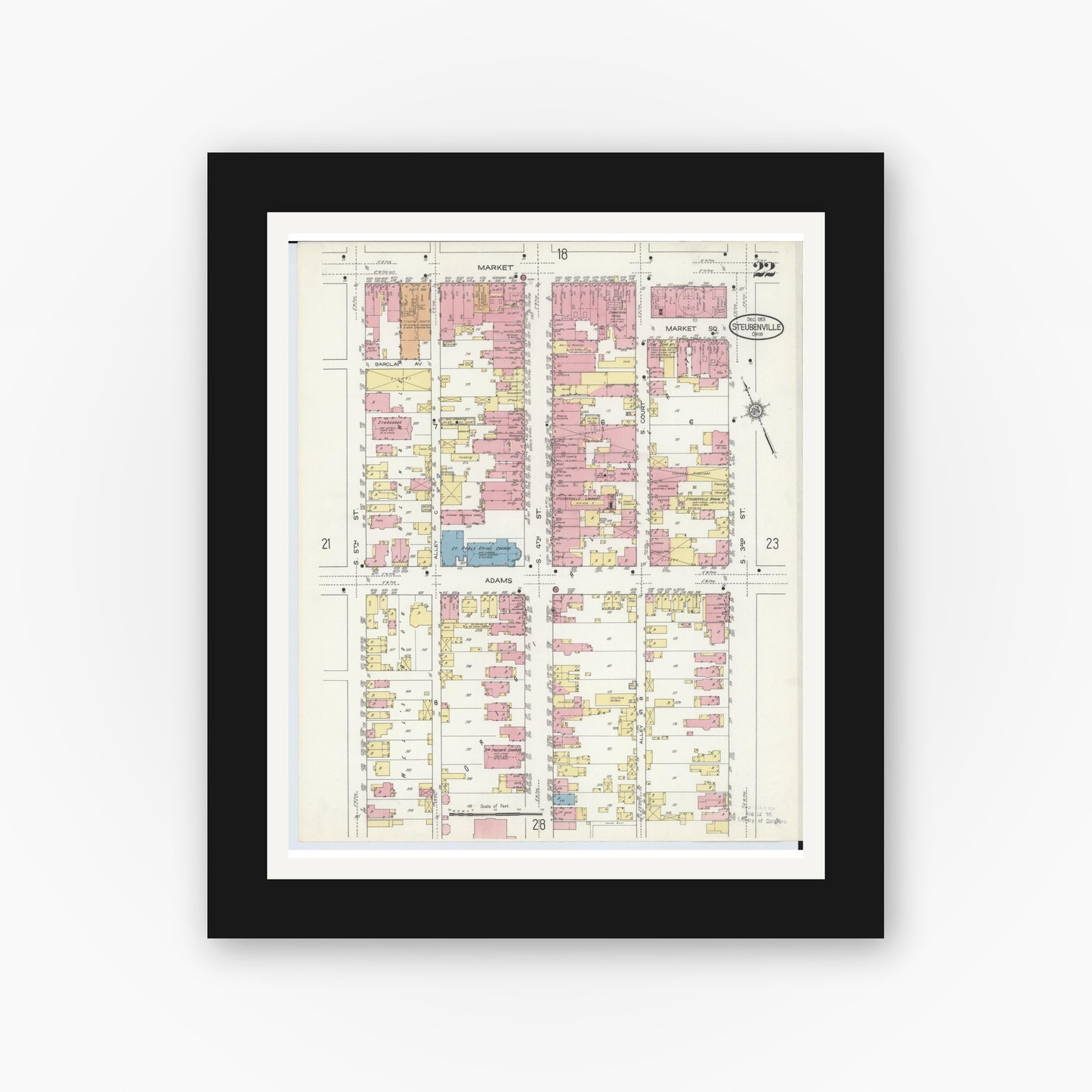 Old map wall art mockup — black gallery frame with white mat — Sanborn Fire Insurance Map from Steubenville, Jefferson County, Ohio (1913), Sheet #0022