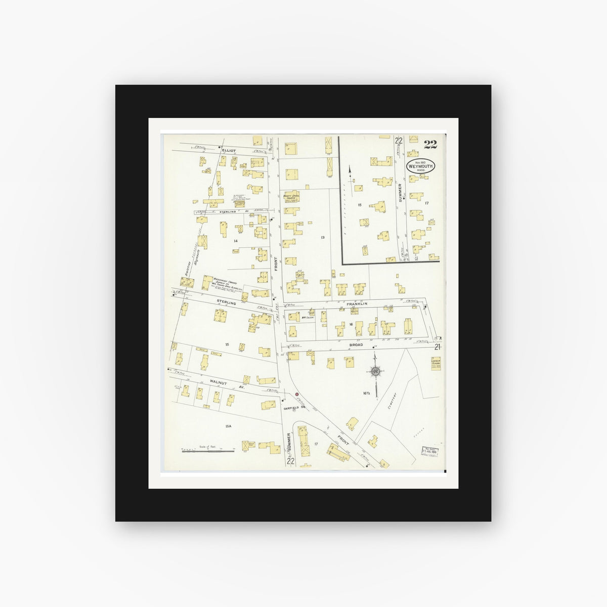 Old map wall art mockup — black gallery frame with white mat — Sanborn Fire Insurance Map from Weymouth, Norfolk County, Massachusetts (1910), Sheet #0022