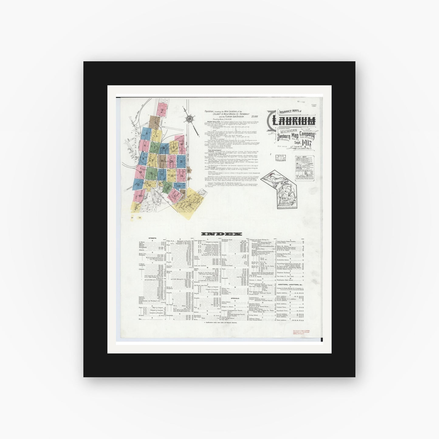 Old map wall art mockup — black gallery frame with white mat — Sanborn Fire Insurance Map from Laurium, Houghton County, Michigan (1917) - Complete Map Set