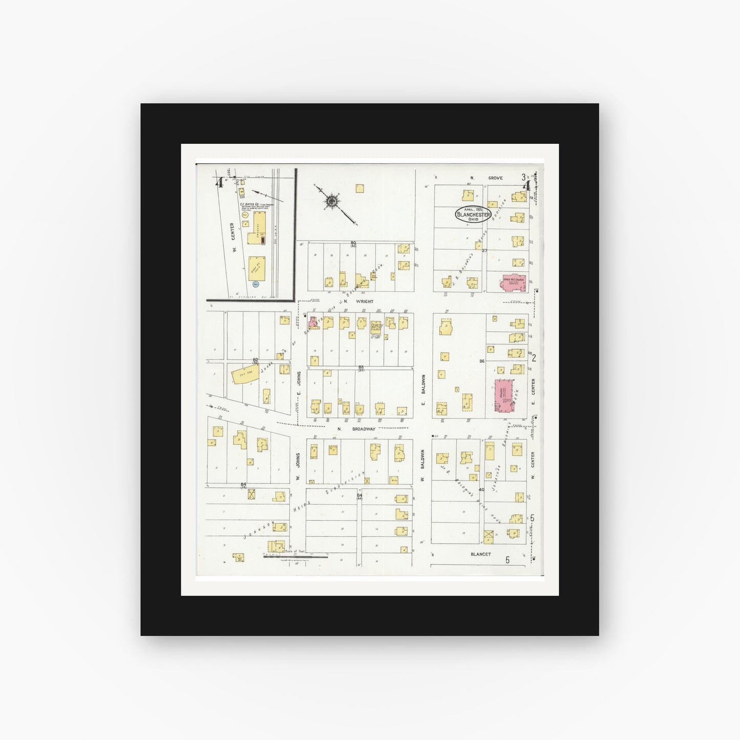 Old map wall art mockup — black gallery frame with white mat — Sanborn Fire Insurance Map from Blanchester, Clinton County, Ohio (1925), Sheet #0004