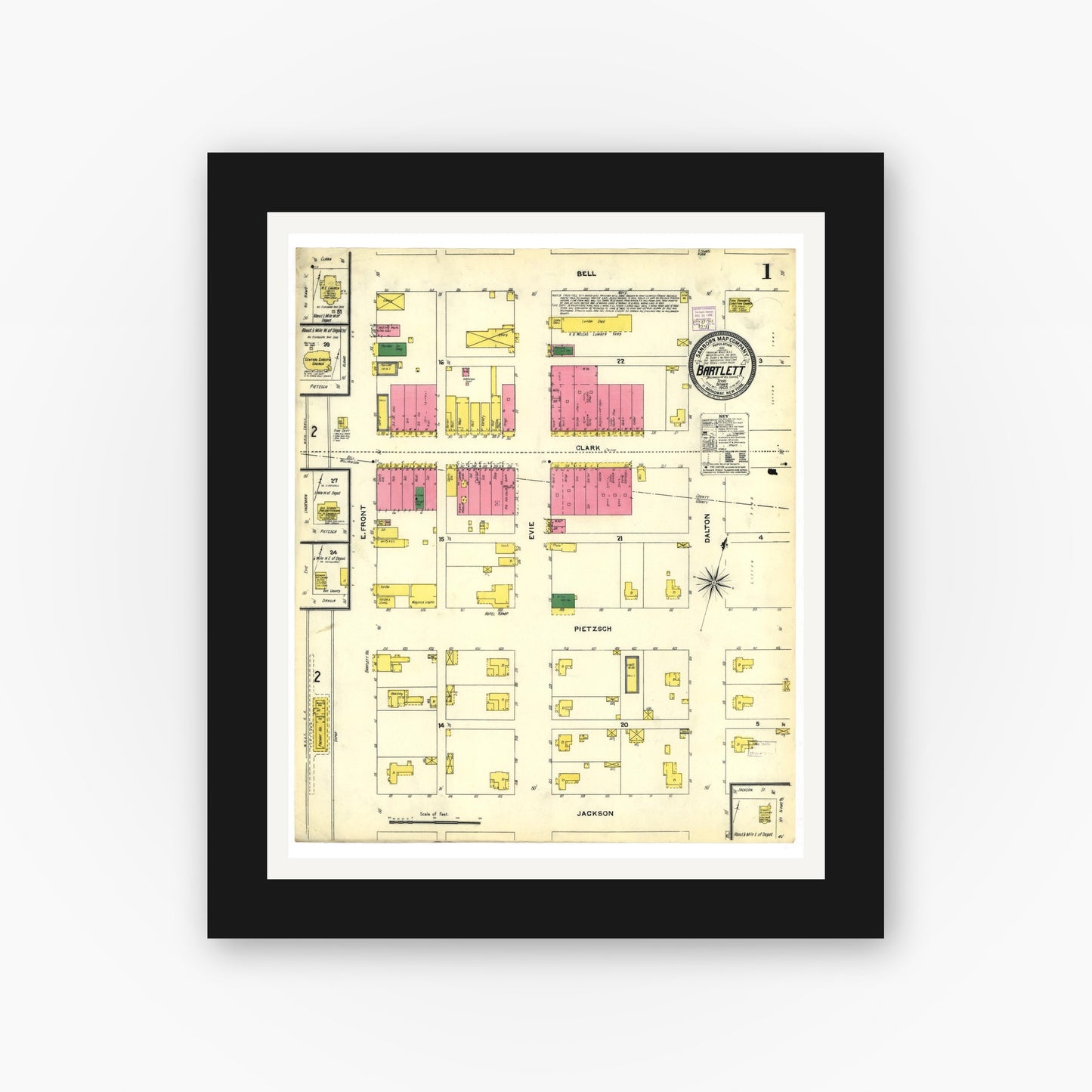 Old map wall art mockup — black gallery frame with white mat — Sanborn Fire Insurance Map from Bartlett, Bell and Williamson Counties, Texas (1905), Sheet #0001
