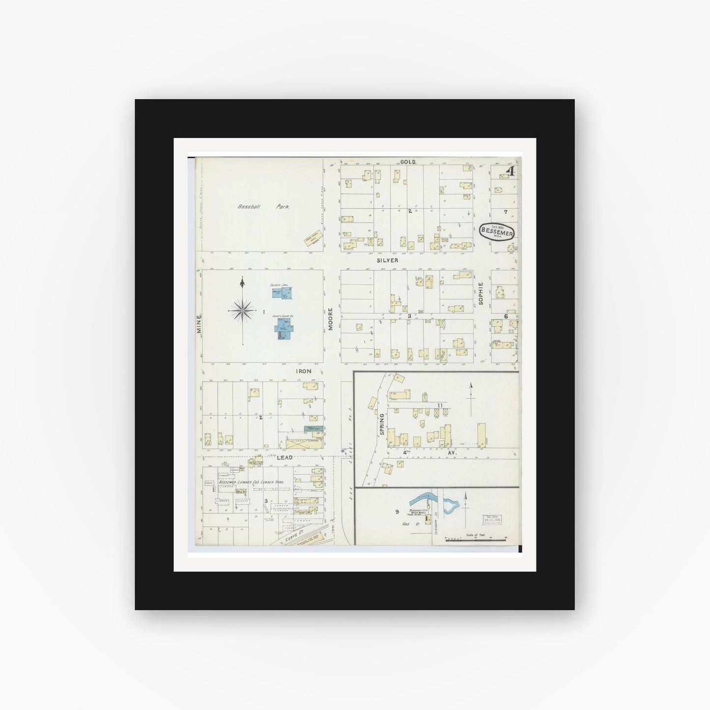 Old map wall art mockup — black gallery frame with white mat — Sanborn Fire Insurance Map from Bessemer, Gogebic County, Michigan (1891), Sheet #0004