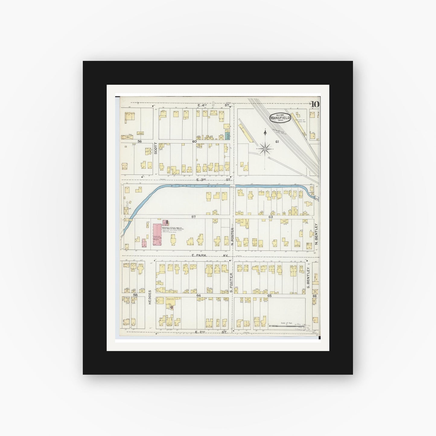 Old map wall art mockup — black gallery frame with white mat — Sanborn Fire Insurance Map from Mansfield, Richland County, Ohio (1892), Sheet #0010