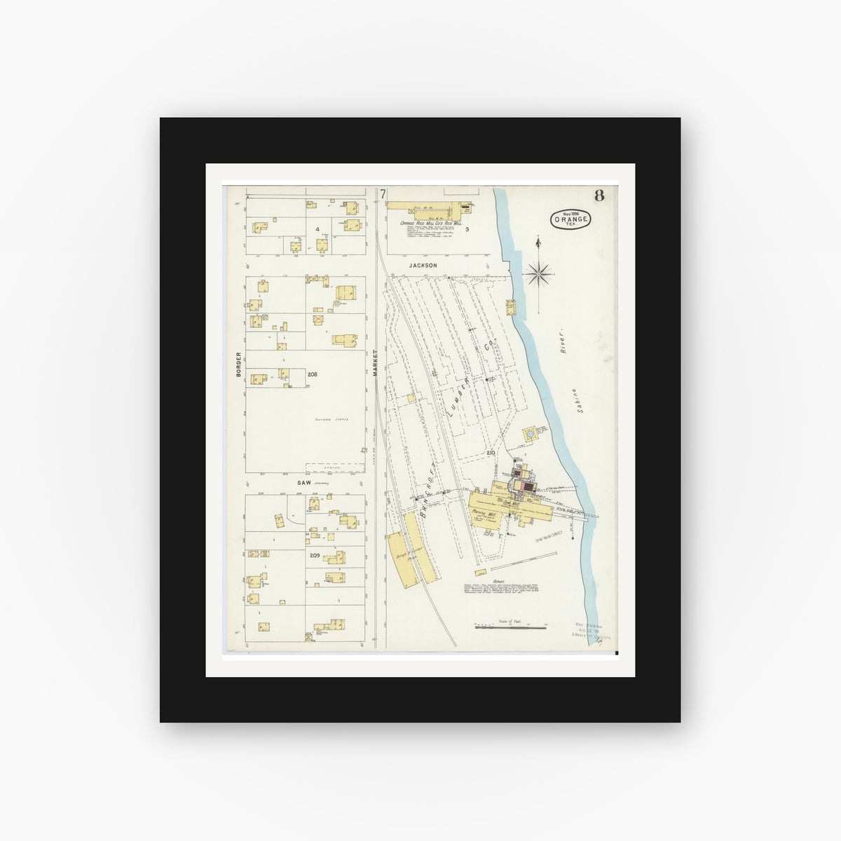 Old map wall art mockup — black gallery frame with white mat — Sanborn Fire Insurance Map from Orange, Orange County, Texas (1896), Sheet #0008
