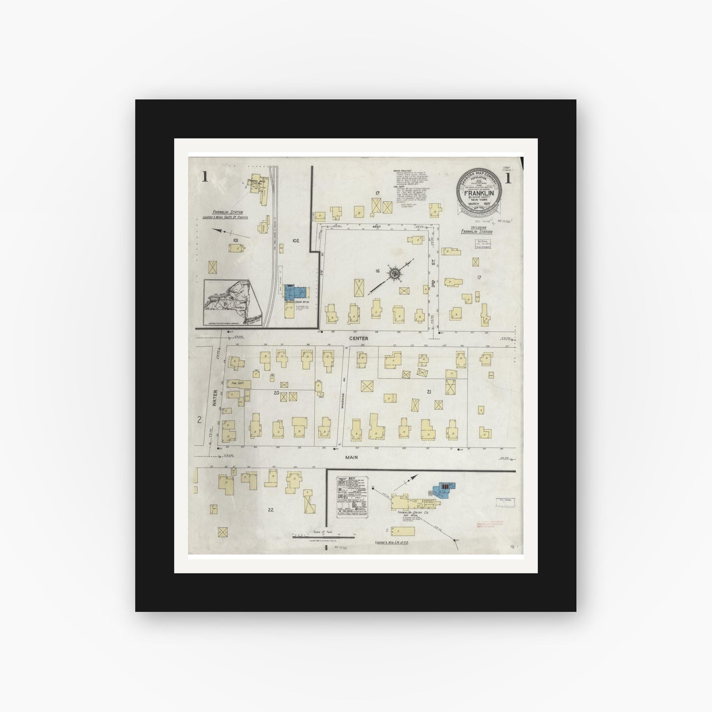 Old map wall art mockup — black gallery frame with white mat — Sanborn Fire Insurance Map from Franklin, Delaware County, New York (1925) - Complete Map Set