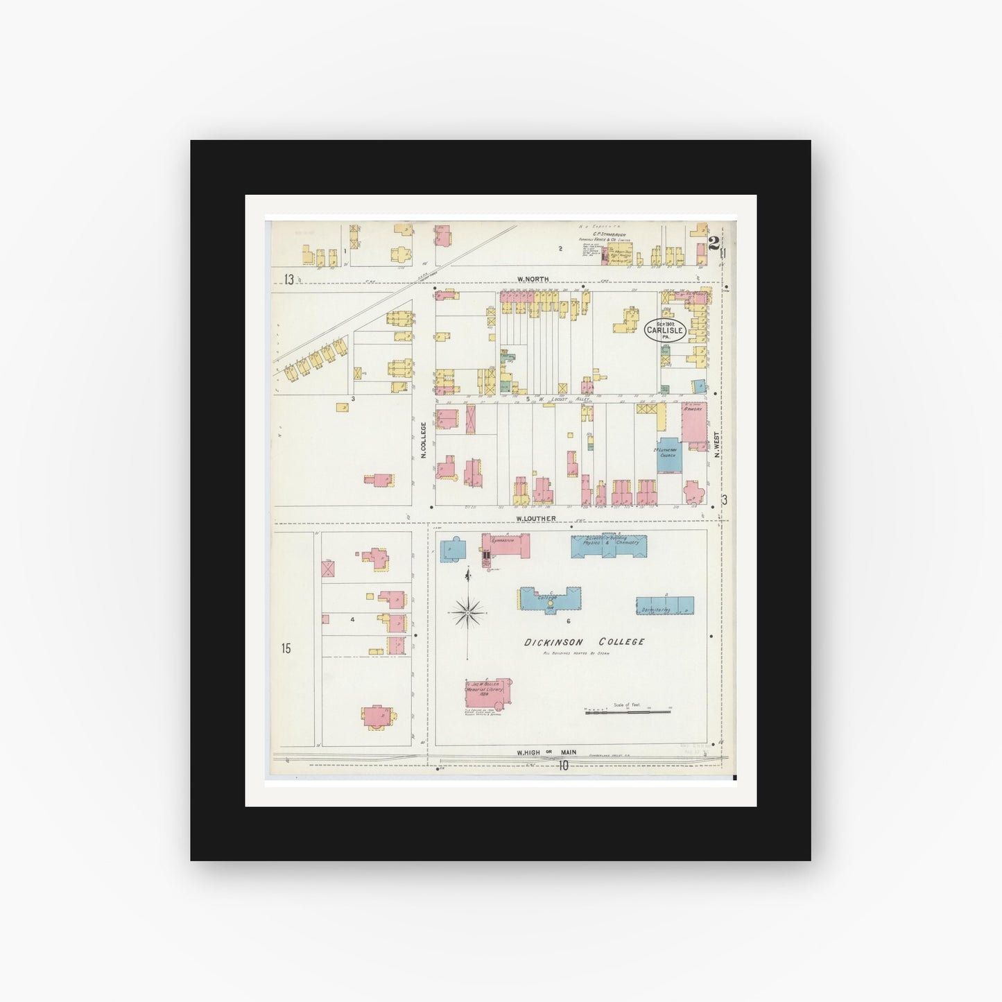 Old map wall art mockup — black gallery frame with white mat — Sanborn Fire Insurance Map from Carlisle, Cumberland County, Pennsylvania (1902), Sheet #0002