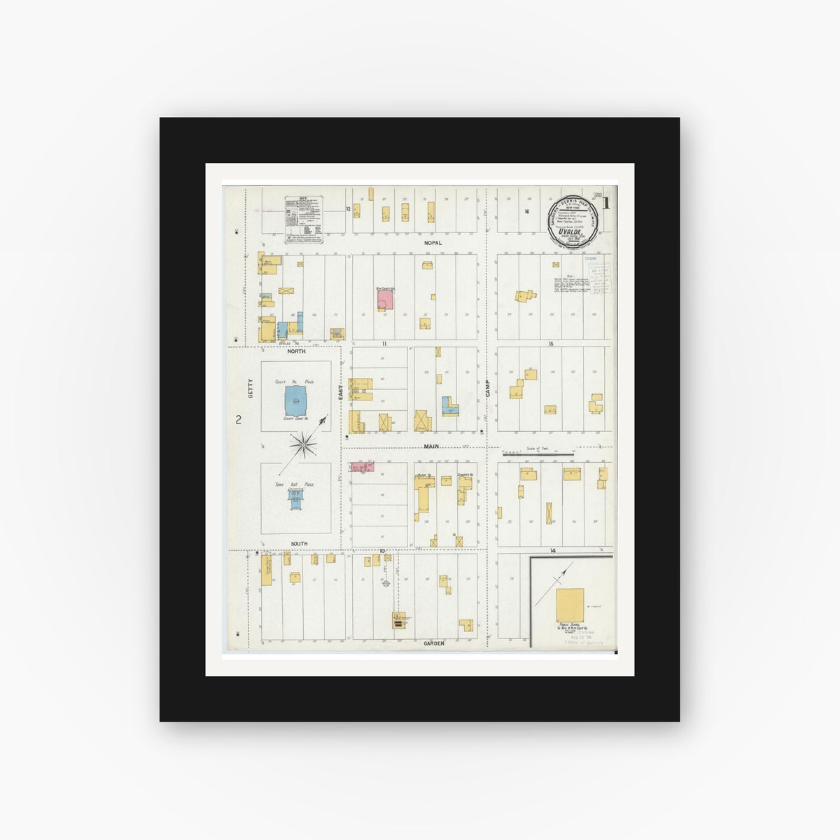 Old map wall art mockup — black gallery frame with white mat — Sanborn Fire Insurance Map from Uvalde, Uvalde County, Texas (1900) - Complete Map Set